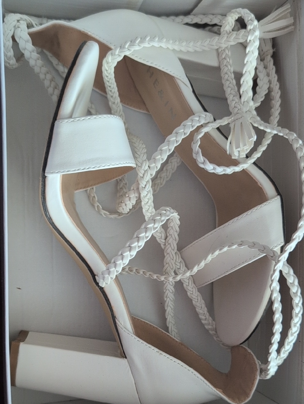 SHEIN White Braided Lace-Up Block Heel Sandals
